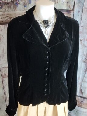 J Peterman 14 Black Velvet Button-Front Jacket Blouse un-lined shrug